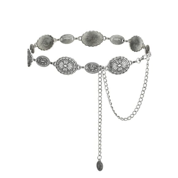 Accessories - 3132 Western Metal Oval Concho Chain Belt For Women Silver Cowgirl